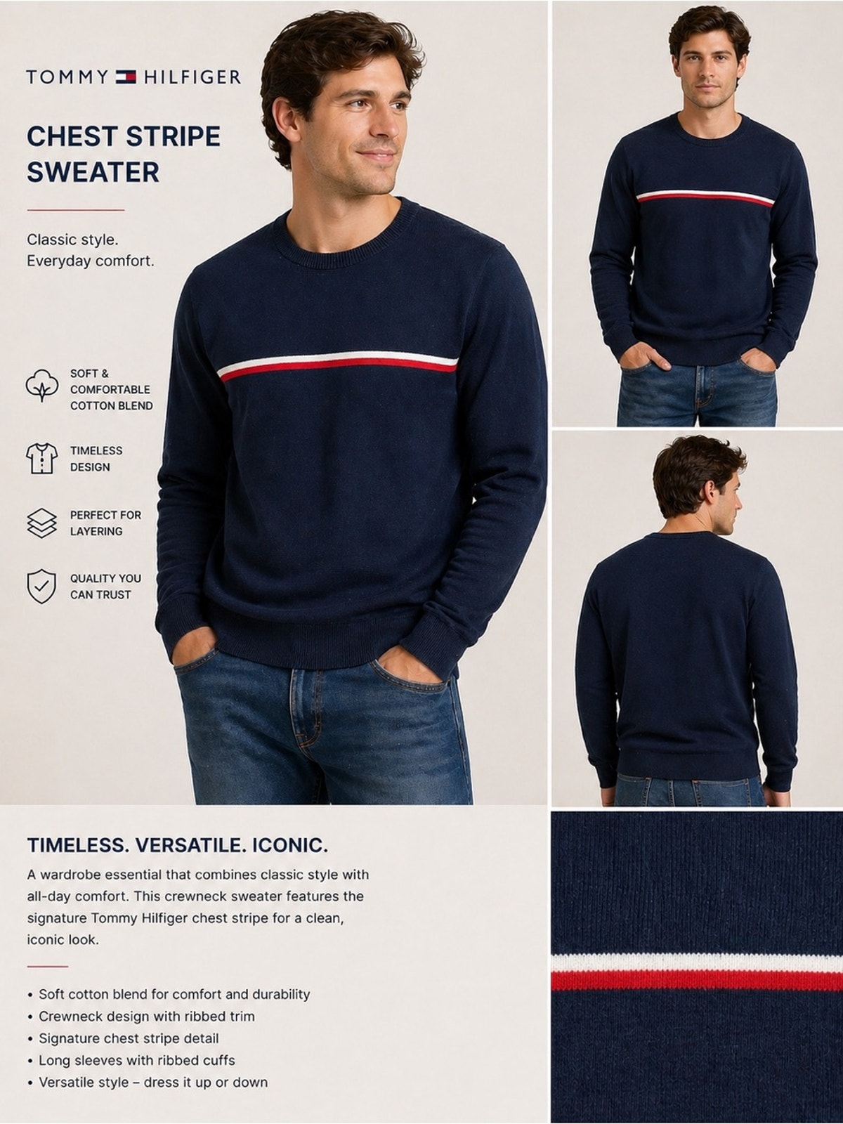 Tommy Hilfiger Navy Crewneck Sweater With Red And White Chest Stripe